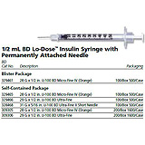 BD Insulin Syringe, ½mL Lo-Dose,, 31Gx5/16", U-100 Ultra-Fine Short, 100/box, 5 box/case. MFID: 328468 (USA ONLY)