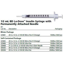 BD Insulin Syringe, ½mL Lo-Dose,, 31Gx5/16", U-100 Ultra-Fine Short, 100/box, 5 box/case. MFID: 328468