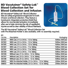 BD VACUTAINER Safety-Lok Blood Collection Set, 25 G x ¾", 12" Tube, Luer, 50/box, 4 box/case. MFID: 367285