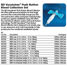 BD VACUTAINER Push Button Blood Collection Set w/ PB SH, 21G x ¾", 12" Tube, 50/box, 4 box/case. MFID: 367344