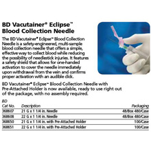BD VACUTAINER ECLIPSE Blood Collection Needle, 22 G x 1¼" Thin Wall Needle, 48/box, 10 box/case. MFID: 368608