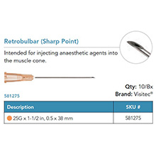 Visitec Retrobulbar (Sharp Point), .50 x 38 mm (25G x 1 1/2 in). MFID: 581275