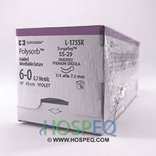 Covidien POLYSORB Suture, Inverted Premium Spatula, Size 6-0, Violet, 18", Needle SS-29, ¼ Circle. MFID: L1755K