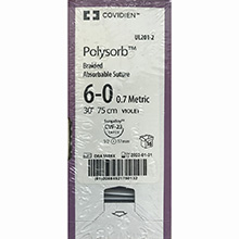 Covidien POLYSORB Suture, Taper Point, Size 6-0, Violet, 30", Needle CV-23, ½ Circle. MFID: UL201-2