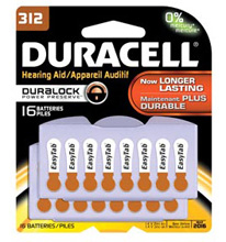 DURACELL Hearing Aid Battery, Zinc Air, Size 312, 16/pk, 6 pk/bx. MFID: DA312B16