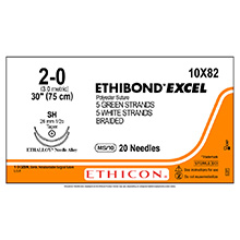 ETHICON Suture, ETHIBOND EXCEL Polyester, Size 2-0, 5-30", Green & White Braided, Needle SH, Taper Point, 1/2 Circle, 6/bx. MFID: 10X82N