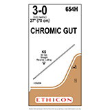 ETHICON Suture, Surgical Gut - Chromic, Straight Cutting Needles, KS, 27", Size 3-0. MFID: 654H (USA ONLY)
