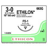 ETHICON Suture, ETHILON, Reverse Cutting, FS-1, 18", Size 3-0. MFID: 663G (USA ONLY)