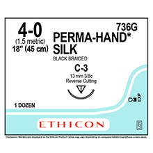 ETHICON Suture, PERMA-HAND, Reverse Cutting, C-3, 18", Size 4-0. MFID: 736G
