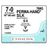 ETHICON Suture, PERMA-HAND, MICROPOINT-Reverse Cutting, G-6 / G-6, 18", Size 7-0. MFID: 768G (USA ONLY)