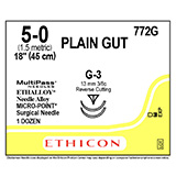 ETHICON Suture, Surgical Gut - Plain, MICROPOINT-Reverse Cutting, G-3 / G-3, 18", Size 5-0. MFID: 772G (USA ONLY)