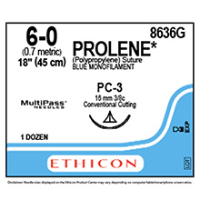 ETHICON Suture, PROLENE, Precision Cosmetic - Conventional Cutting PRIME, PC-3, 18", Size 6-0. MFID: 8636G