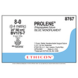 ETHICON Suture, PROLENE POLYPROPYLENE, Taper Point, Size 8-0, 24", Blue Monofilament, Needle BV175-7, 3/8 Circle. MFID: 8767 (USA ONLY)