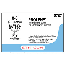 ETHICON Suture, PROLENE POLYPROPYLENE, Taper Point, Size 8-0, 24", Blue Monofilament, Needle BV175-7, 3/8 Circle. MFID: 8767