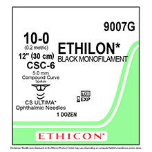 ETHICON Suture, ETHILON, Ultima Spatula, Size 10-0, 12", Black Monofilament, Needle CSB-6 CSB-6, Bi-Curve. MFID: 9007G