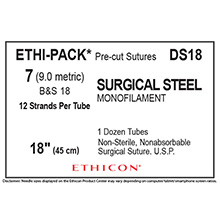 ETHICON ETHI-PACK Suture, Steel, Mono, Size 7-0, 18", B&S 24, 12/tube, 12 tube/bx. MFID: DS18