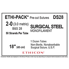 ETHICON ETHI-PACK Suture, Steel, Mono, Size 2-0, 18", B&S 24, 50/tube, 12 tube/bx. MFID: DS28