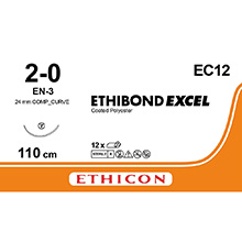ETHICON Suture, ETHIBOND EXCEL (D-SPECIAL), Size 0, 44" (110cm), GREEN, Non-Absorbable, Needle EN-3, 24mm, Taper Point, 1/2 Circle, 1 dz/bx. MFID: EC12