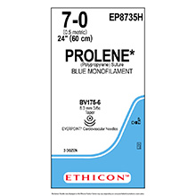 ETHICON Suture, PROLENE Polypropylene, Size 7-0, 24" (60cm), BLUE, Non-Absorbable, Needle BV175-6, BV175-6, 8mm, Taper Point, 3/8 Circle, 3 dz/bx. MFID: EP8735H