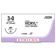 ETHICON VICRYL (POLYGLACTIN 910) Suture, Taper Point, Size 3-0, 27", Violet Braided, Needle MH, 1/2 Circle. MFID: J322H