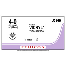 ETHICON Suture, Coated VICRYL, Reverse Cutting, C-3, 18", Size 4-0. MFID: J386H