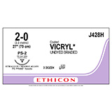 ETHICON Suture, Coated VICRYL, Precision Point - Reverse Cutting, PS-2, 18", Size 2-0. MFID: J428H (USA ONLY)