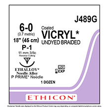 ETHICON Suture, Coated VICRYL, Precision Point - Reverse Cutting, P-1, 18", Size 6-0. MFID: J489G