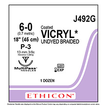 ETHICON Suture, Coated VICRYL, Precision Point - Reverse Cutting, P-3, 18", Size 6-0. MFID: J492G