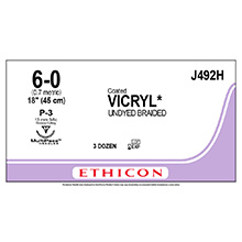 ETHICON Suture, Coated VICRYL, Precision Point - Reverse Cutting, P-3, 18", Size 6-0. MFID: J492H