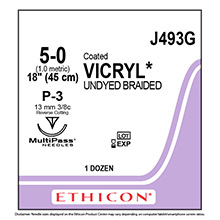 ETHICON Suture, Coated VICRYL, Precision Point - Reverse Cutting, P-3, 18", Size 5-0. MFID: J493G