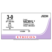 ETHICON Suture, Coated VICRYL, Straight Cutting Needles, KS, 27", Size 3-0. MFID: J523H