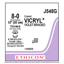 ETHICON Suture, Coated VICRYL, MICROPOINT - Spatula, TG140-8 / TG140-8, 12", Size 8-0. MFID: J548G