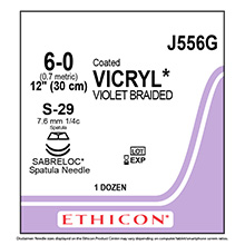 ETHICON Suture, Coated VICRYL, SABRELOC - Conventional Spatula, S-29 / S-29, 12", Size 6-0. MFID: J556G