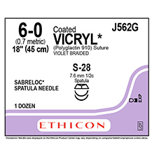 ETHICON Suture, Coated VICRYL, SABRELOC - Conventional Spatula, S-28 / S-28, 18", Size 6-0. MFID: J562G
