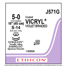ETHICON Suture, Coated VICRYL, SABRELOC - Spatula, S-14 / S-14, 18", Size 5-0. MFID: J571G