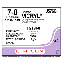 ETHICON Suture, Coated VICRYL, MICROPOINT - Spatula, TG160-8 / TG160-8, 12", Size 7-0. MFID: J576G