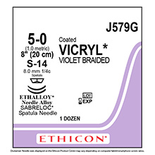 ETHICON Suture, Coated VICRYL, SABRELOC - Spatula, S-24 / S-24, 12", Size 5-0. MFID: J579G