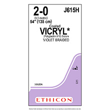 ETHICON Suture, Coated VICRYL, Standard & Short Length Sutures, 54", Size 2-0. MFID: J615H