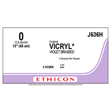 ETHICON Suture, Coated VICRYL, Standard & Short Length Sutures, 3-18", Size 0. MFID: J636H