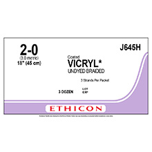 ETHICON Suture, Coated VICRYL, Standard & Short Length Sutures, 3-18", Size 2-0. MFID: J645H