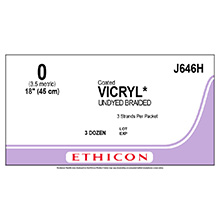 ETHICON Suture, Coated VICRYL, Standard & Short Length Sutures, 3-18", Size 0. MFID: J646H