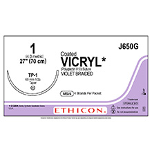 ETHICON Suture, Coated VICRYL, Taper Point, TP-1, 4-27", Size 1. MFID: J650G