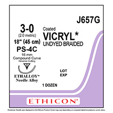 ETHICON Suture, Coated VICRYL, Precision Point - Reverse Cutting, PS-4C, 18", Size 3-0. MFID: J657G