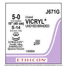 ETHICON Suture, Coated VICRYL, SABRELOC - Spatula, S-14 / S-14, 18", Size 5-0. MFID: J671G