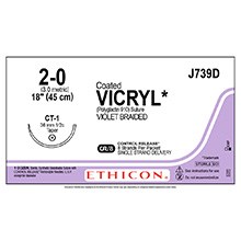 ETHICON Suture, Coated VICRYL, Taper Point, CT-1, 8-18", Size 2-0. MFID: J739D