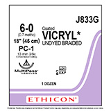 ETHICON Suture, Coated VICRYL, Precision Cosmetic- Conventional Cutting PRIME, PC-1, 18", Size 6-0. MFID: J833G