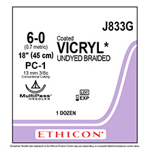ETHICON Suture, Coated VICRYL, Precision Cosmetic- Conventional Cutting PRIME, PC-1, 18", Size 6-0. MFID: J833G