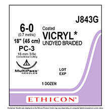 ETHICON Suture, Coated VICRYL, Precision Cosmetic- Conventional Cutting PRIME, PC-3, 18", Size 6-0. MFID: J843G