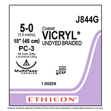 ETHICON Suture, Coated VICRYL, Precision Cosmetic- Conventional Cutting PRIME, PC-3, 18", Size 5-0. MFID: J844G
