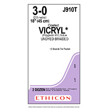 ETHICON Suture, Coated VICRYL, SUTUPAK Pre-Cut Sutures, 12-18", Size 3-0, 2 dozens. MFID: J910T